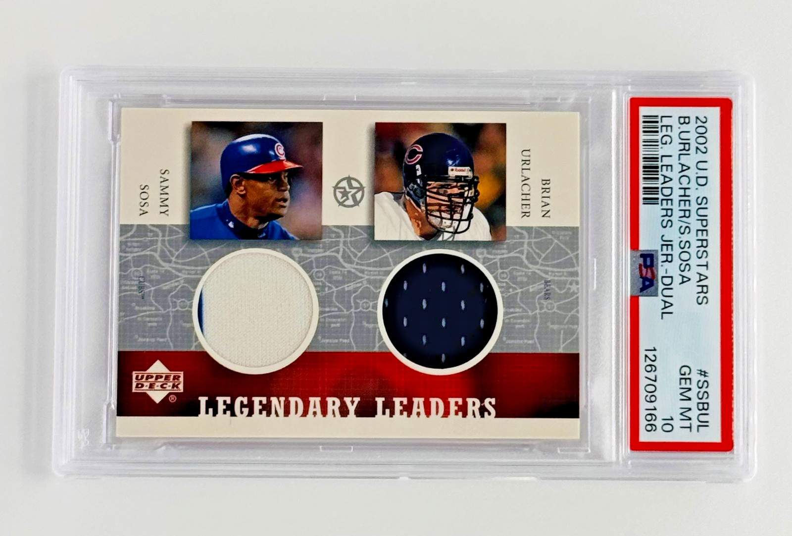 2002 UD Brian Urlacher Sammy Sosa Dual Game-Worn PSA 10 POP 1 Chicago Cubs Bears view 2