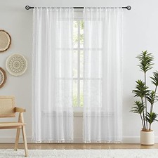 Short Boho Lace Sheer Curtains with Tassels,72 40"W x 72"L Pack of 2 White