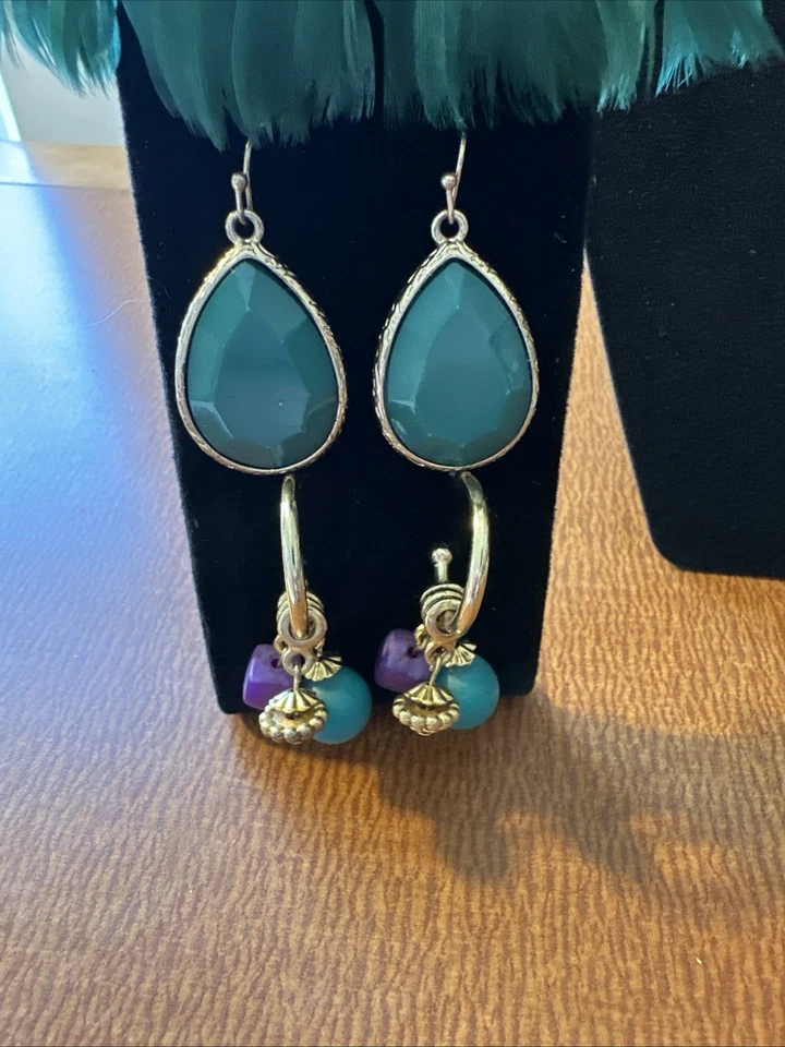 Lof Of 8 Gold & Green Statement Earrings Drop Dangling Feathers More - Image 3 of 4