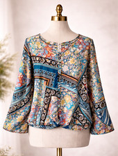 Johnny Was Silk Boho Blouse XL Floral Patchwork Tunic Luxe Resort Top