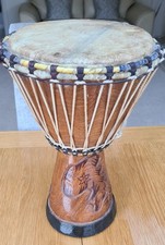 Djembe Red Gold Green Drum African  Wood Carved Painted String Rope Tribal