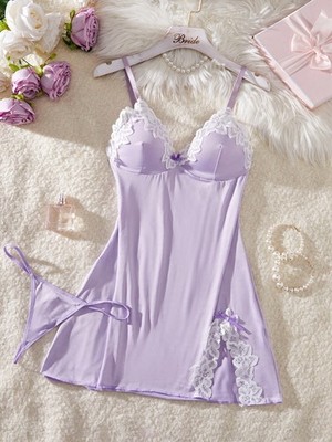 V Neck Lace Patchwork Nightdress with Thong Elegant Ladies Cheap24