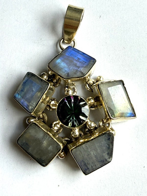 FABELHAFTER GROSSER ANHÄNGER STERLINGSILBER BLAUER REGENBOGEN MONDSTEIN MYSTISCHER TOPAS