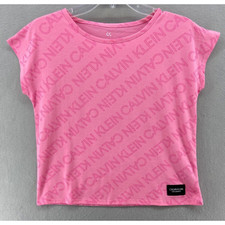 NWT Calvin Klein Performance T-Shirt Woman L 12 14 Pink Cropped All Over Print