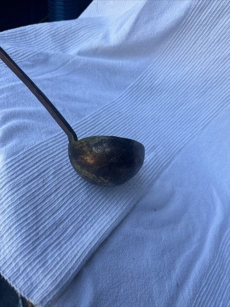 Antique Cookware : Primitive Hand Hammered Copper Brass Ladle from 16”