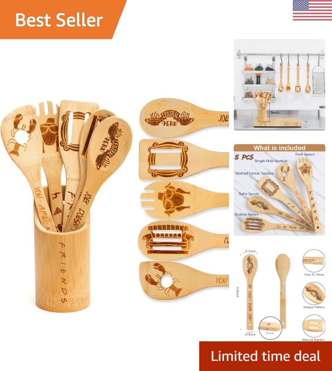 Friends TV Show Bamboo Utensil Set - 5-Piece Kitchen Tools with Unique Designs