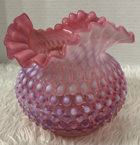 Vintage Fenton Cranberry Opalescent Hobnail Ruffled Vase Pre Fenton Logo No Chip