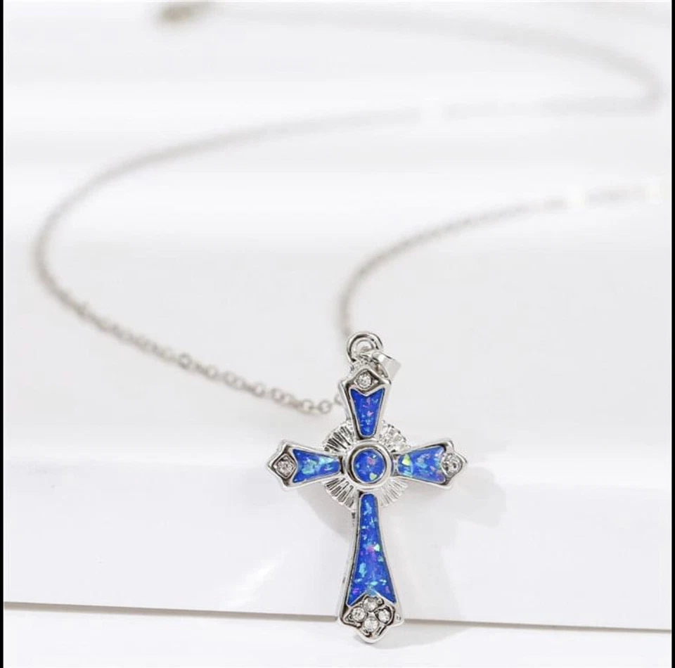 Geometric Blue Opal Color Cross Crucifix Pendant Necklace. Us Seller - Image 3 of 4