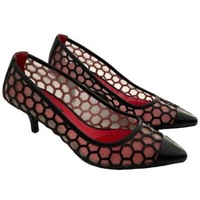 Charles Jourdan Leather Laser Cut Red Inner Sole Mesh Pointy Kitty Heel Pumps
