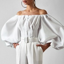 Blouse En Coton Dame Épaules Dénudées Manches Bouffantes Plissée Princesse Slim