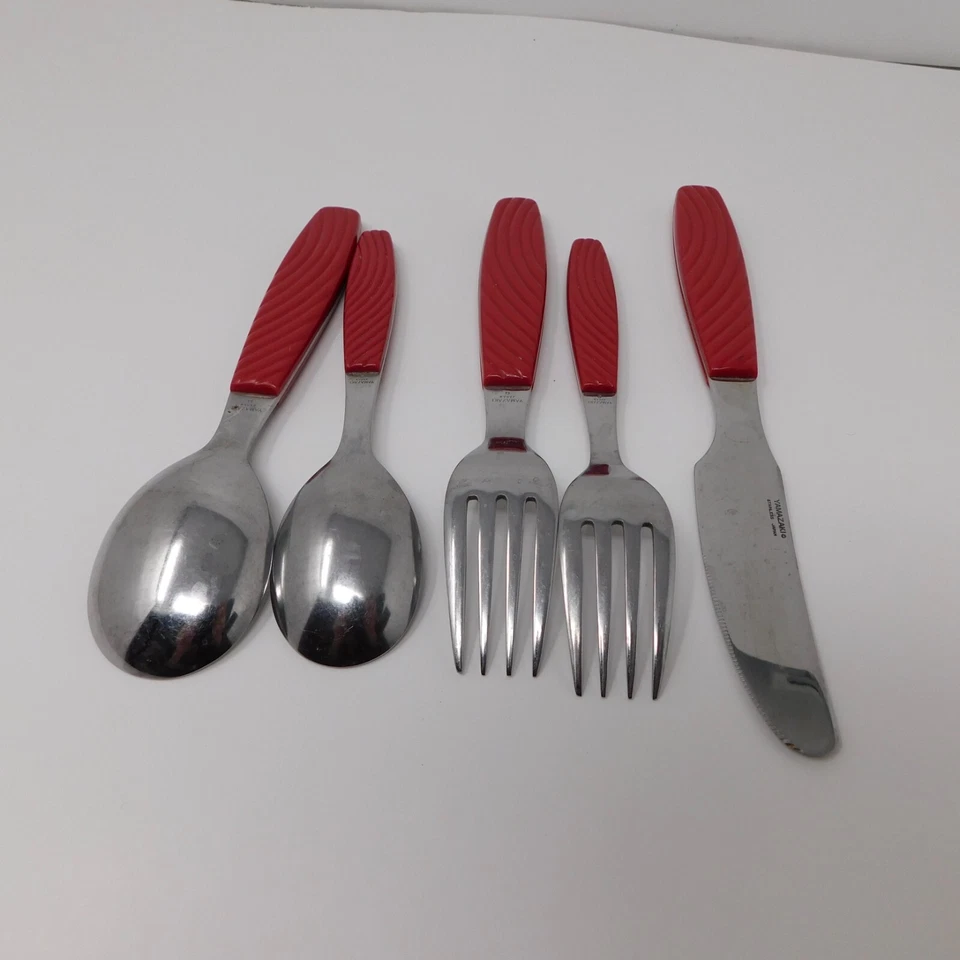 5 Piece Yamazaki Wave Red Set Salad Dinner Fork Soup Spoon Knife Japan Plastic - Image 4 of 4