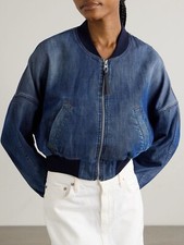 New! Loewe Leather-trimmed Cropped Denim Bomber Jacket, Fr 38 (us 6)