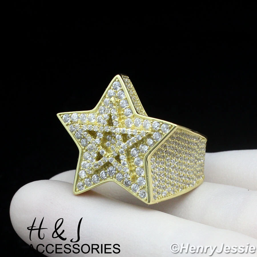 MEN 925 STERLING SILVER FULL ICY CZ GOLD PLATED DOUBLE STAR RING