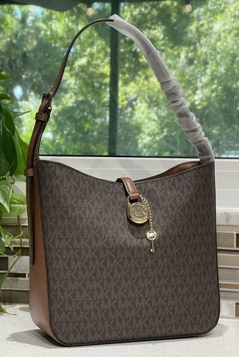 MICHAEL KORS LYRA SMALL BUCKET SHOULDER MK KEY LOCK BAG TOTE PURSE MK BROWN LOGO