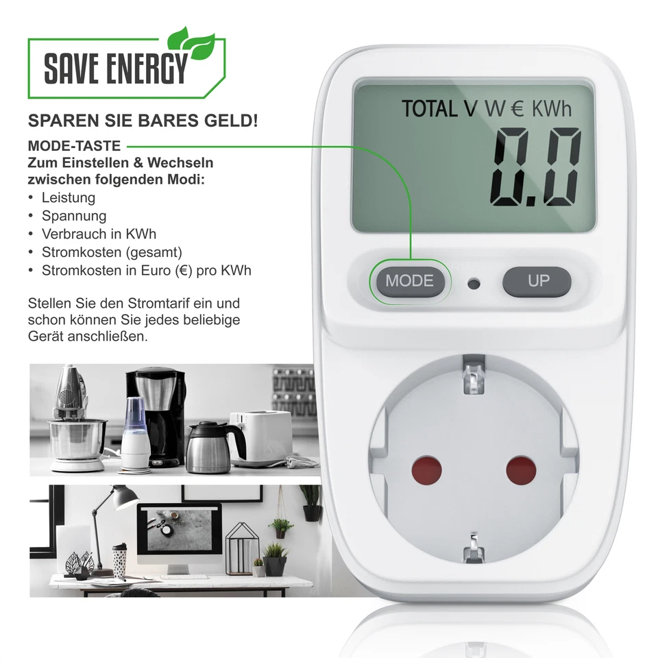 Arendo Energiekostenmessgerät Stromverbrauchszähler 3680W 1,9“ LCD-Display weiß - Bild 3 von 4