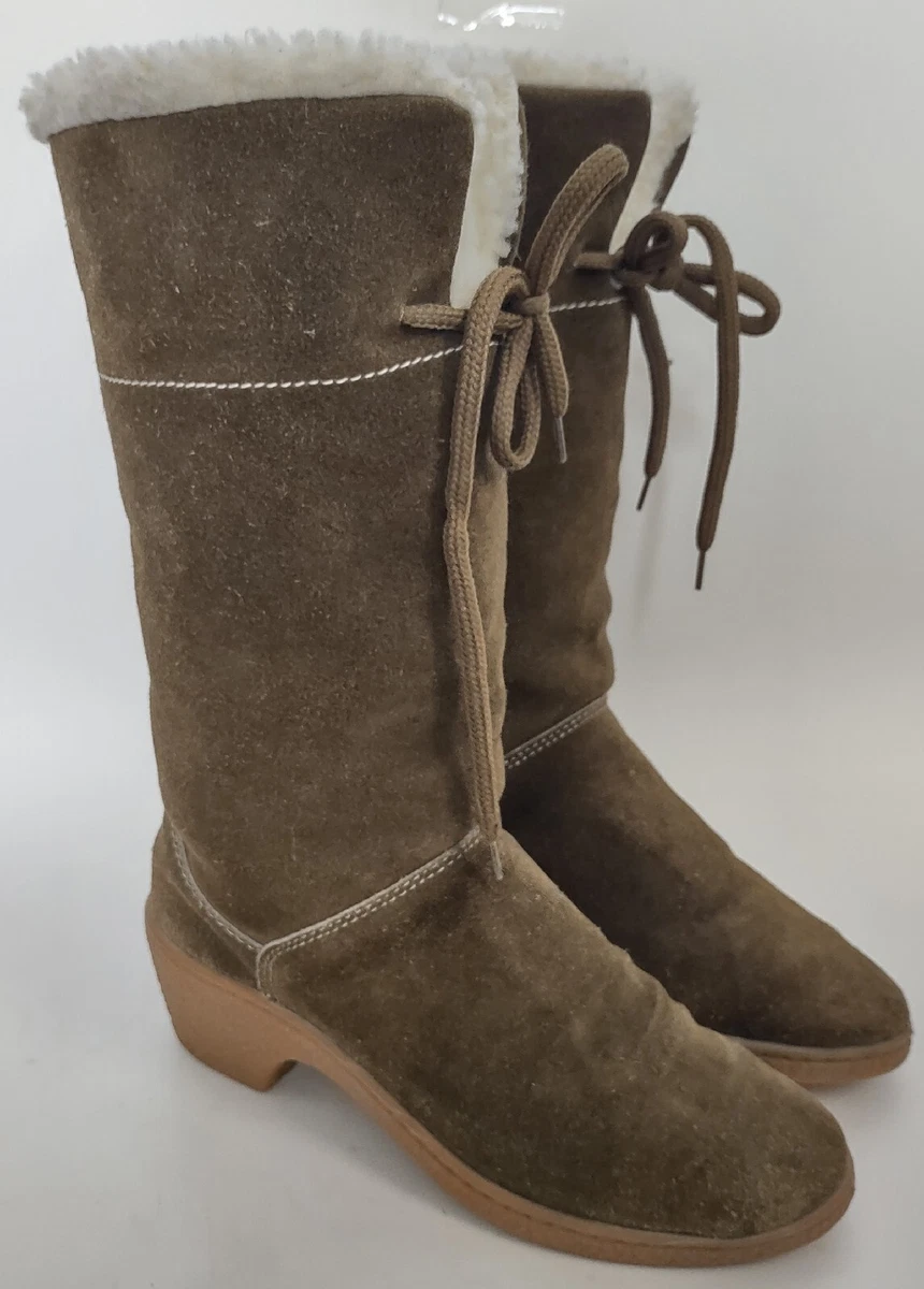 Vintage Italian Crepe Sole Suede Shearling Boots Tall Brown Womens Sz 7 Green