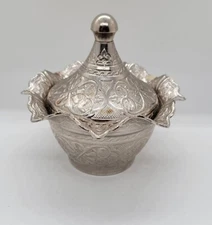 Islamic/Turkish Bowl With Lid Dish- Sena, Silver Plated Sugar Bowl-Embossed-6"