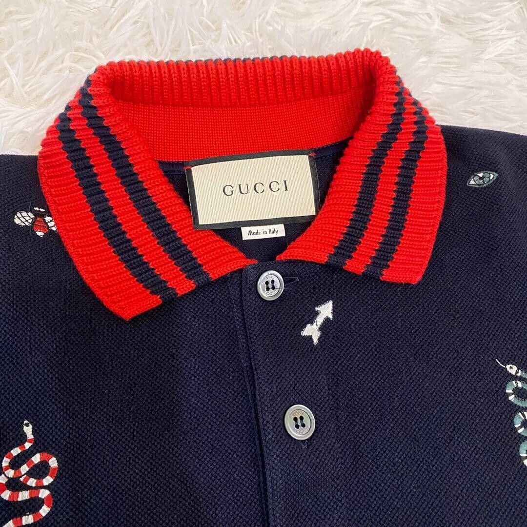 GUCCI Polo Shirt GG Navy Embroidery Snake Bee Flower Italy GUCCI Polo Shirt GG Navy Embroidery Snake Bee Flower Italy