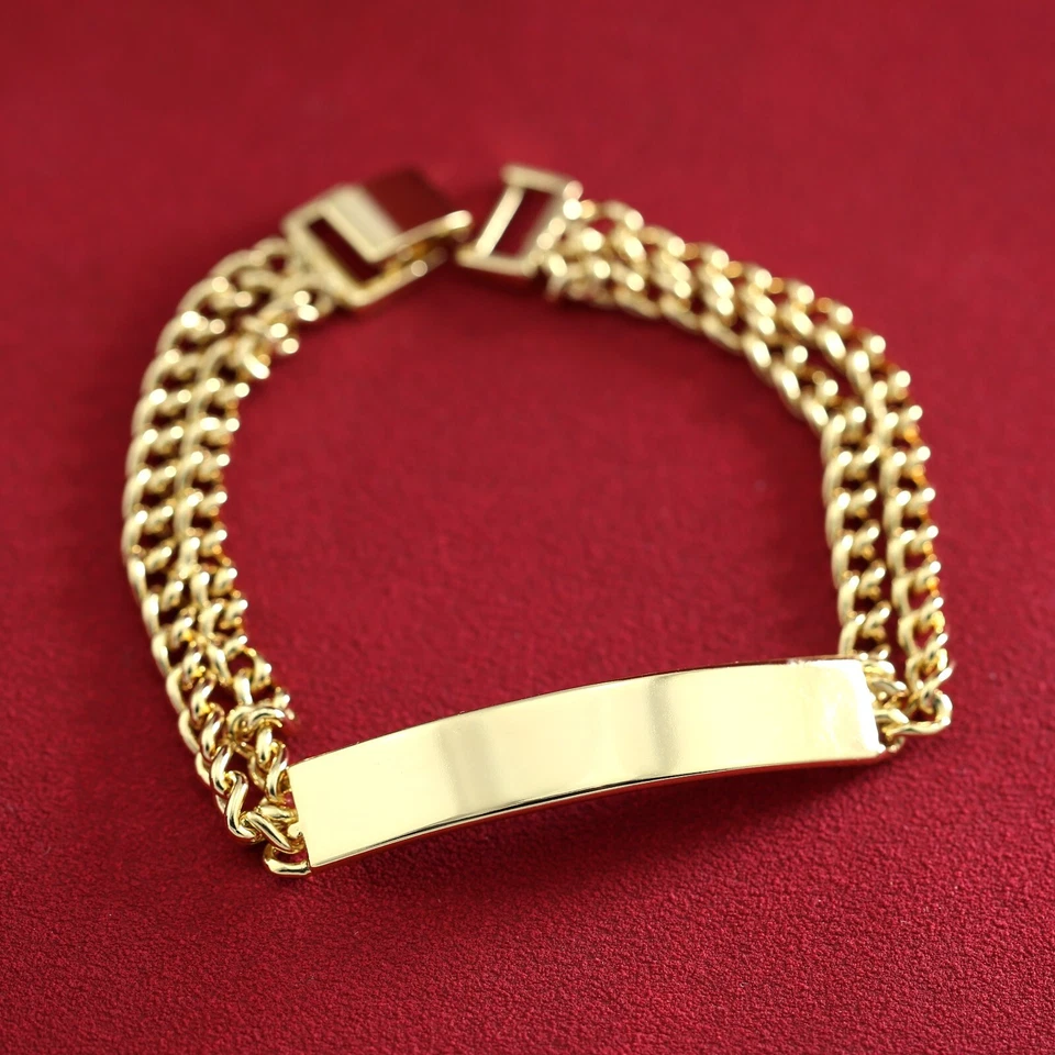 9K GOLD GF PLAIN 8MM BAND ID BAR WOMENS GIFT CURB LAYERED CHAIN BRACELET 19.5CM - Image 2 of 4
