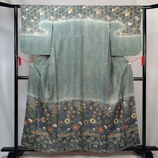 Vintage Japanese Silk Kimono Robe   Gray Green Floral Gold