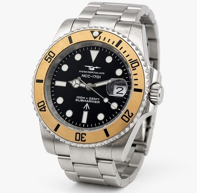 Automatic Diver Watch Gold Bezel Black Dial NH35/Miyota 100m Stainless Steel