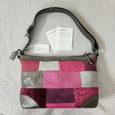 Vintage Coach Patchwork Hobo Shoulder Bag Pink Suede Leather Large Crossbody