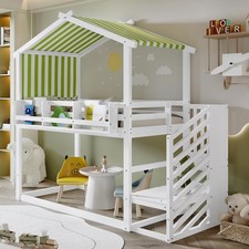 Kids Bunk Bed with Storage, Stairs, Bookshelf, Playhouse Canopy 3ft