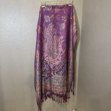 Pashmina 100 Cashmere Paisley Shawl Wrap Purple Teal Gold Fringe Scarf
