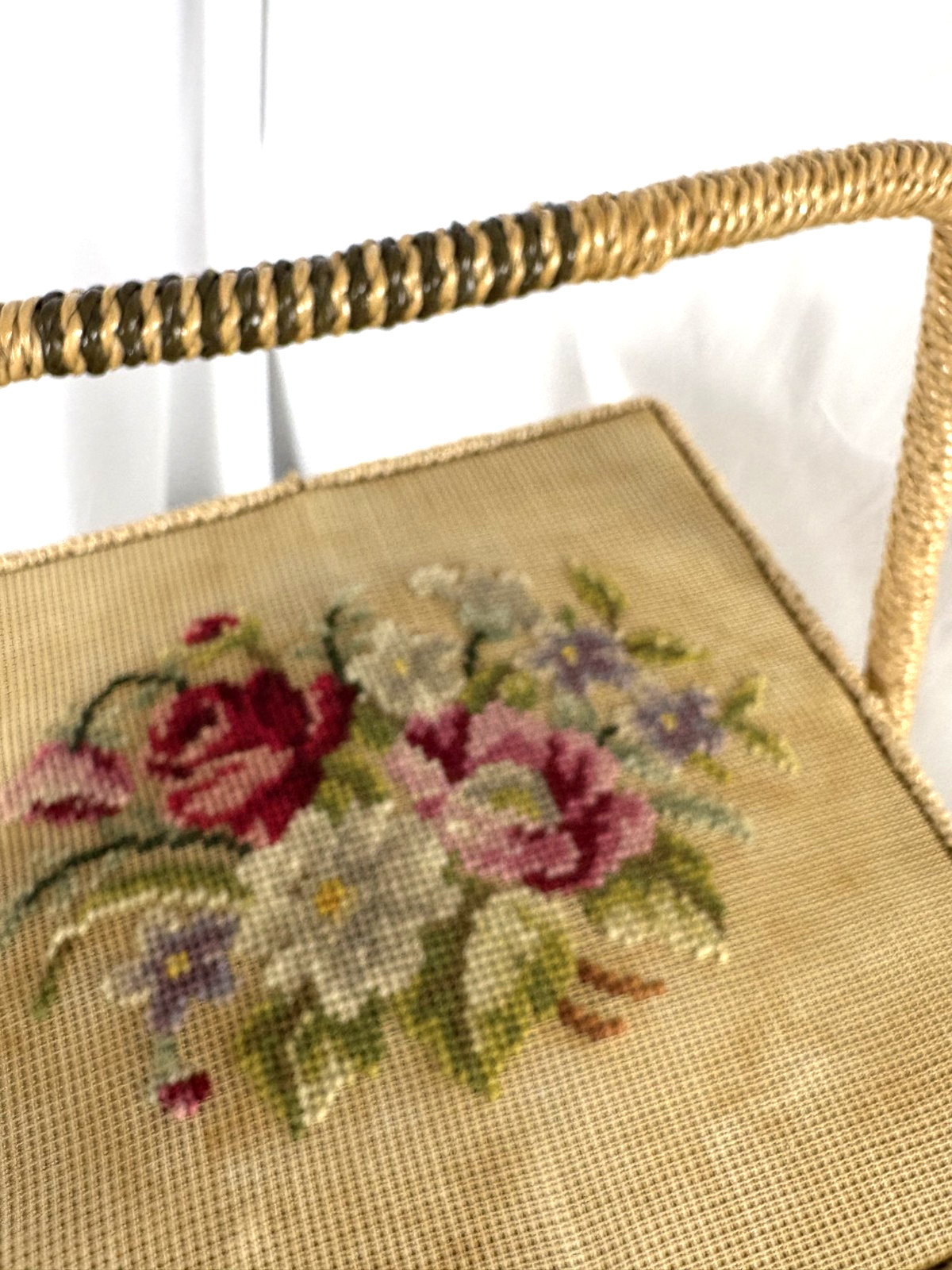 Vintage Penneys sewing basket needlepoint on legs