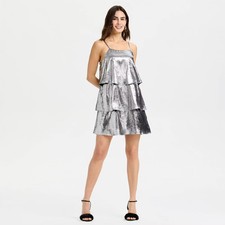 Women Metallic Tiered Mini Slip Dress - A New Day Silver M
