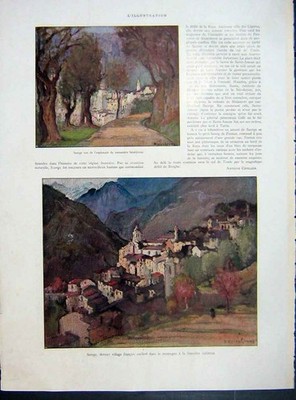 Original alter Vintage Druck Fontan Village Roya Lucas Saorge französisch 1933 20.