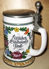 BMF Original White Floral Patterned With Real Zinc Lid Beer Stein Tankard