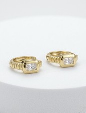 14K Gold Plated Rectangular Baguette Cut Cubic Zirconia Huggie Hoop Earrings