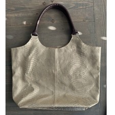 Neiman Marcus Snakeskin Embossed Gold Tote Bag Faux Leather Brown Handle