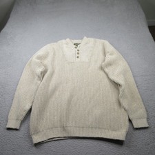 Vintage Eddie Bauer Henley Sweater Mens XL Beige Chunky Knit Ribbed Cotton
