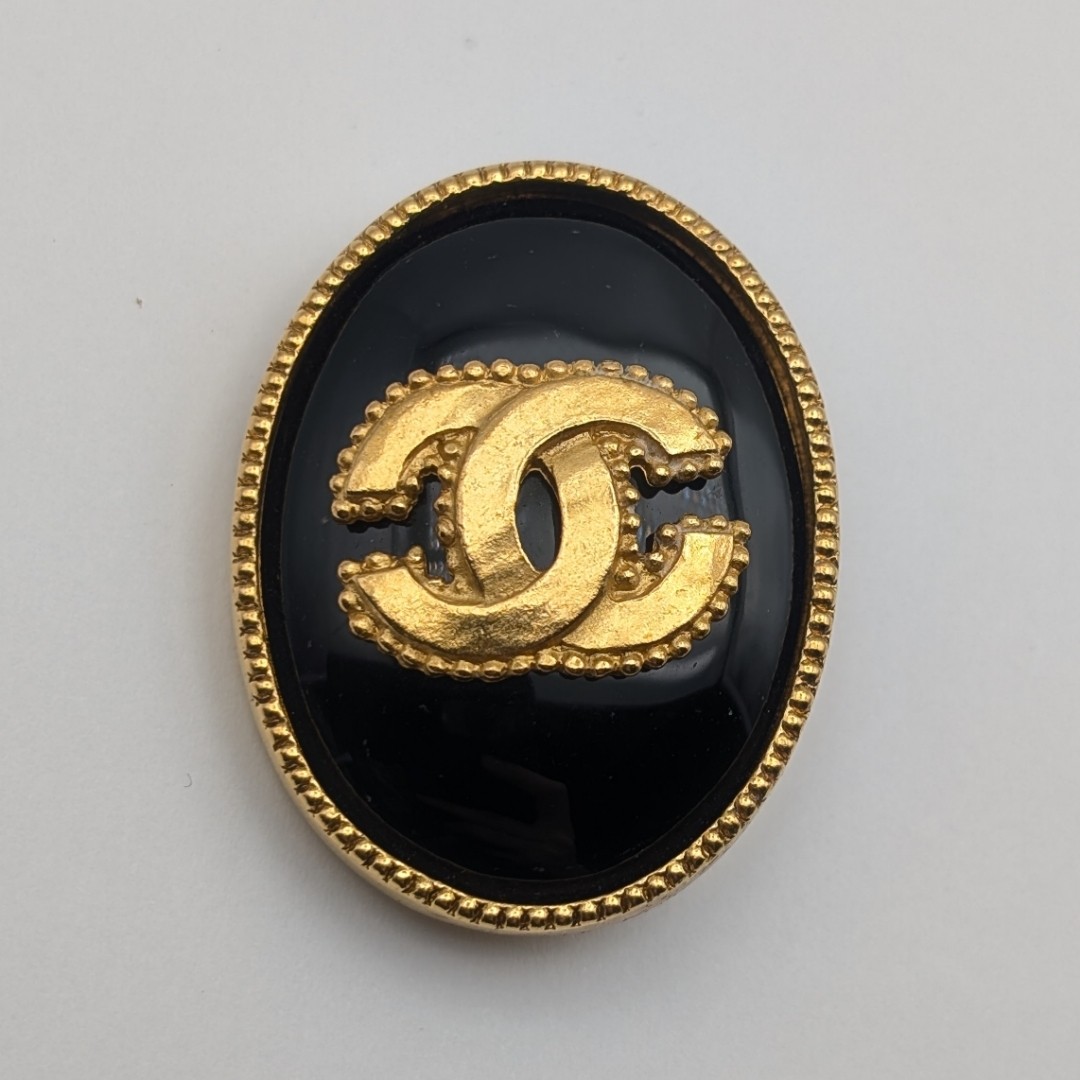 Chanel Brooch, Coco Mark, Gold, Black Stone, Vintage 96A