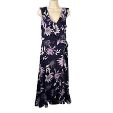 Vince Camuto Navy Floral Faux Wrap Midi Dress Ruffle Trim Purple Flowers Size 8