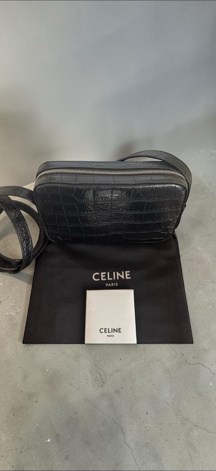 Celine Paris Croc Embossed Leather Camera Crossbody Bag Black Adjustable Strap image 8