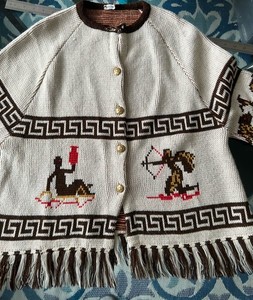 Vtg 1970s Greek Key Zodiac Sweater Fringe Cardigan Sturbridge Small Horoscope