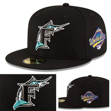 Gorra New Era MLB Florida Marlins Clásica Negra Ajustada Serie Mundial Parche Gorra