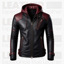 Hooded Leather Biker Jacket Black Burgundy Qu...