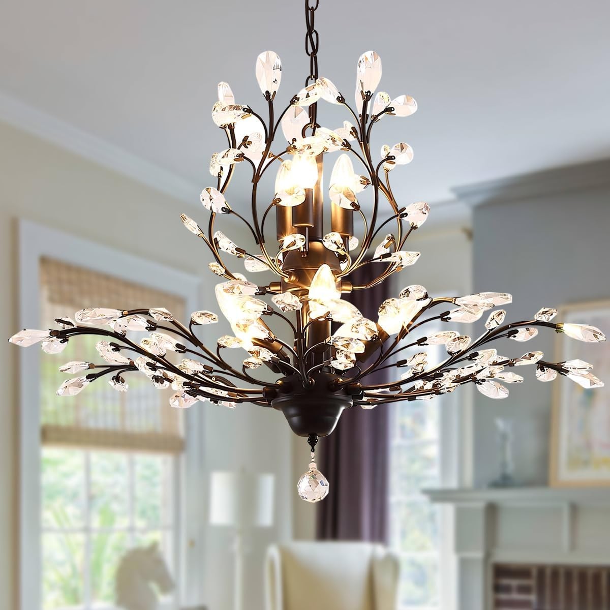 Vintage Black 7-Light Crystal Chandelier Farmhouse Pendant Ceiling Fixture