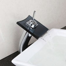 Silver Waterfall Black Glass Vessel Basin Sink Taps Mixer Deck Mount Faucet