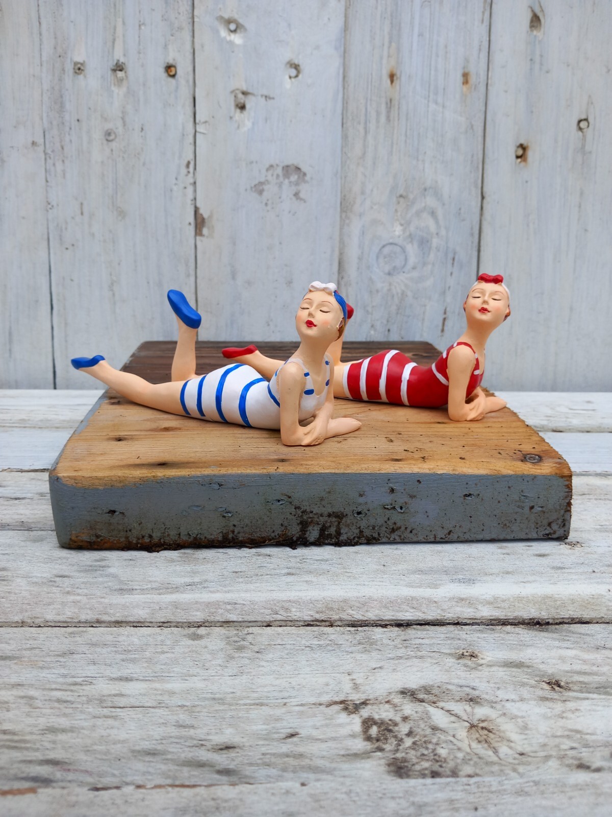 Bathing Ladies ORNAMENTS SET OF 2 SEASIDE BEACH Blue Red Bathroom Gift