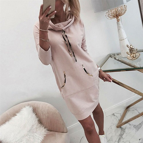 Damen Kapuzen Fleece Sweatshirt Kleid Langarm Locker Hoodie Pullover Pulli - Bild 11 von 16