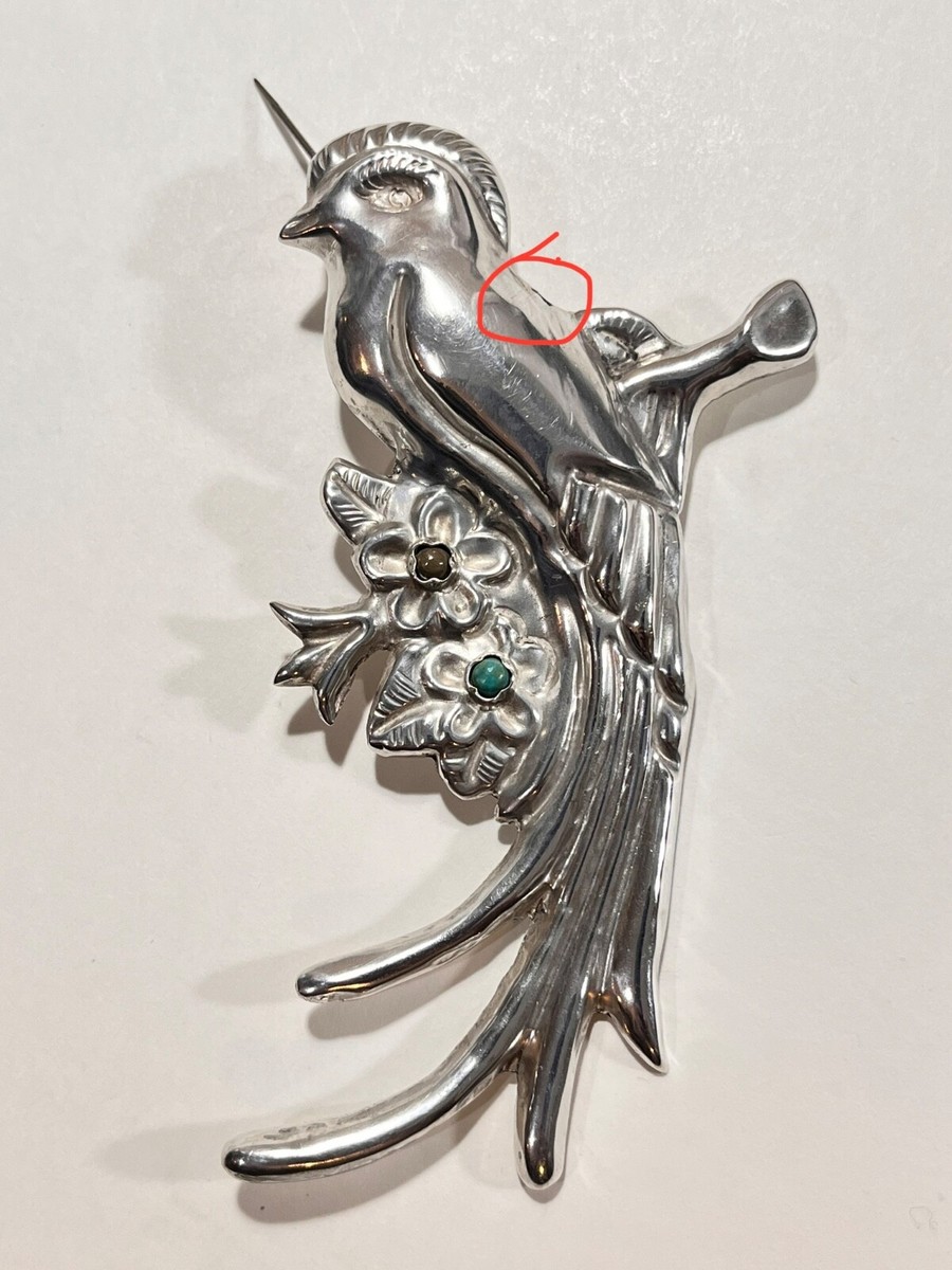 Made In Mexico Sterling Silver Exotic Bird brooch W/Stones C Clasp