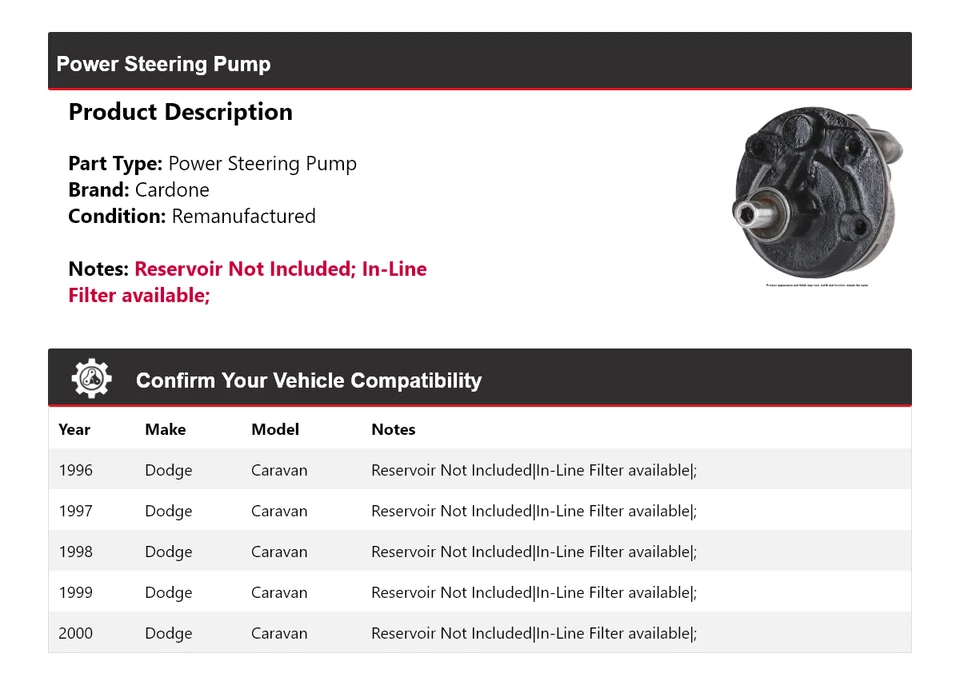 Bomba de dirección asistida Cardone 1997 1998 1999 para Dodge Caravan 1996-2000 Foto 2 de 4