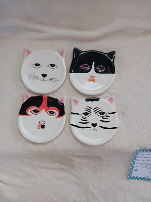 Vtg 2001 Bandwagon Cat Faces Drink Coasters Tea Bage Holder Trinket Dishes...