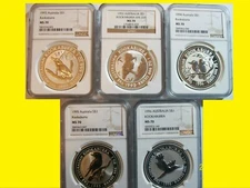 1992 1993 1994 1995 1996  Australia silver 5 COINS 5 OZ Kookaburra NGC MS 70
