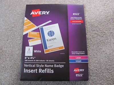 Avery 8522 Vertical Style Name Badge Insert Refills, 4 1/4'' X 6'', White, 100 Ins